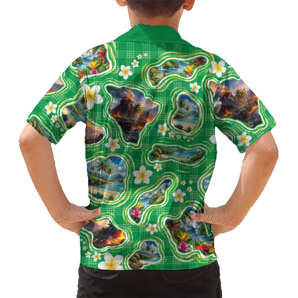 Hawaii Map with Plumeria Flower and Palaka Pattern Family Matching Off The Shoulder Long Sleeve Dress and Hawaiian Shirt Tropical Island Green Design LT03 - Polynesian Pride