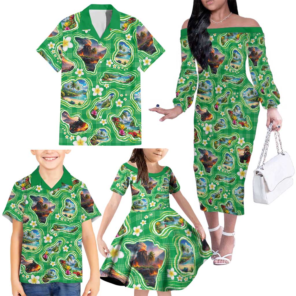 Hawaii Map with Plumeria Flower and Palaka Pattern Family Matching Off The Shoulder Long Sleeve Dress and Hawaiian Shirt Tropical Island Green Design LT03 - Polynesian Pride