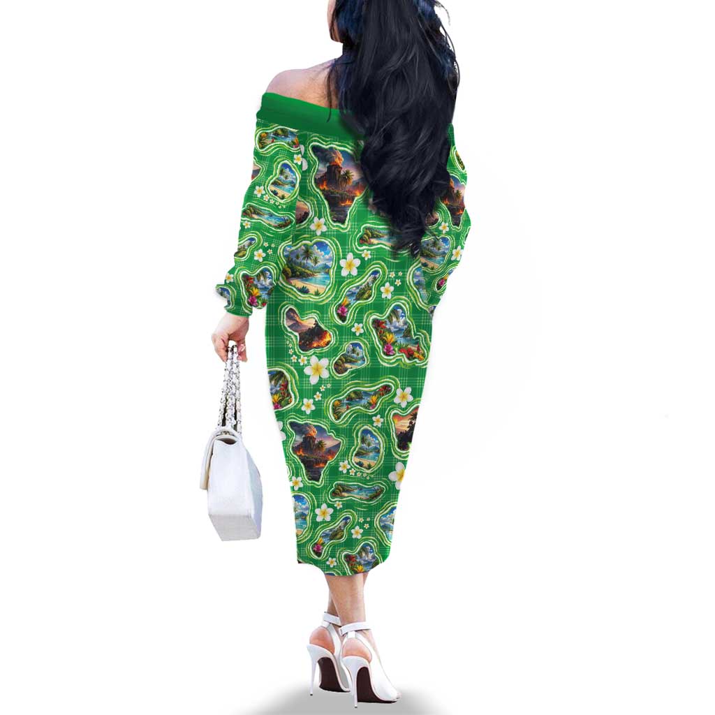 Hawaii Map with Plumeria Flower and Palaka Pattern Family Matching Off The Shoulder Long Sleeve Dress and Hawaiian Shirt Tropical Island Green Design LT03 - Polynesian Pride