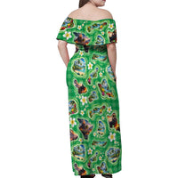 Hawaii Map with Plumeria Flower and Palaka Pattern Family Matching Off Shoulder Maxi Dress and Hawaiian Shirt Tropical Island Green Design LT03 - Polynesian Pride