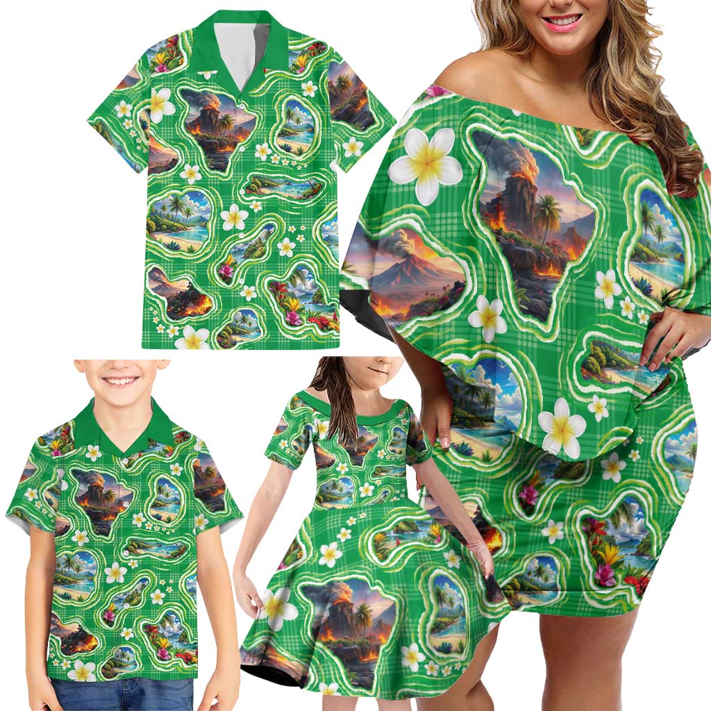Hawaii Map with Plumeria Flower and Palaka Pattern Family Matching Off Shoulder Short Dress and Hawaiian Shirt Tropical Island Green Design LT03 - Polynesian Pride