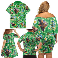 Hawaii Map with Plumeria Flower and Palaka Pattern Family Matching Off Shoulder Short Dress and Hawaiian Shirt Tropical Island Green Design LT03 - Polynesian Pride