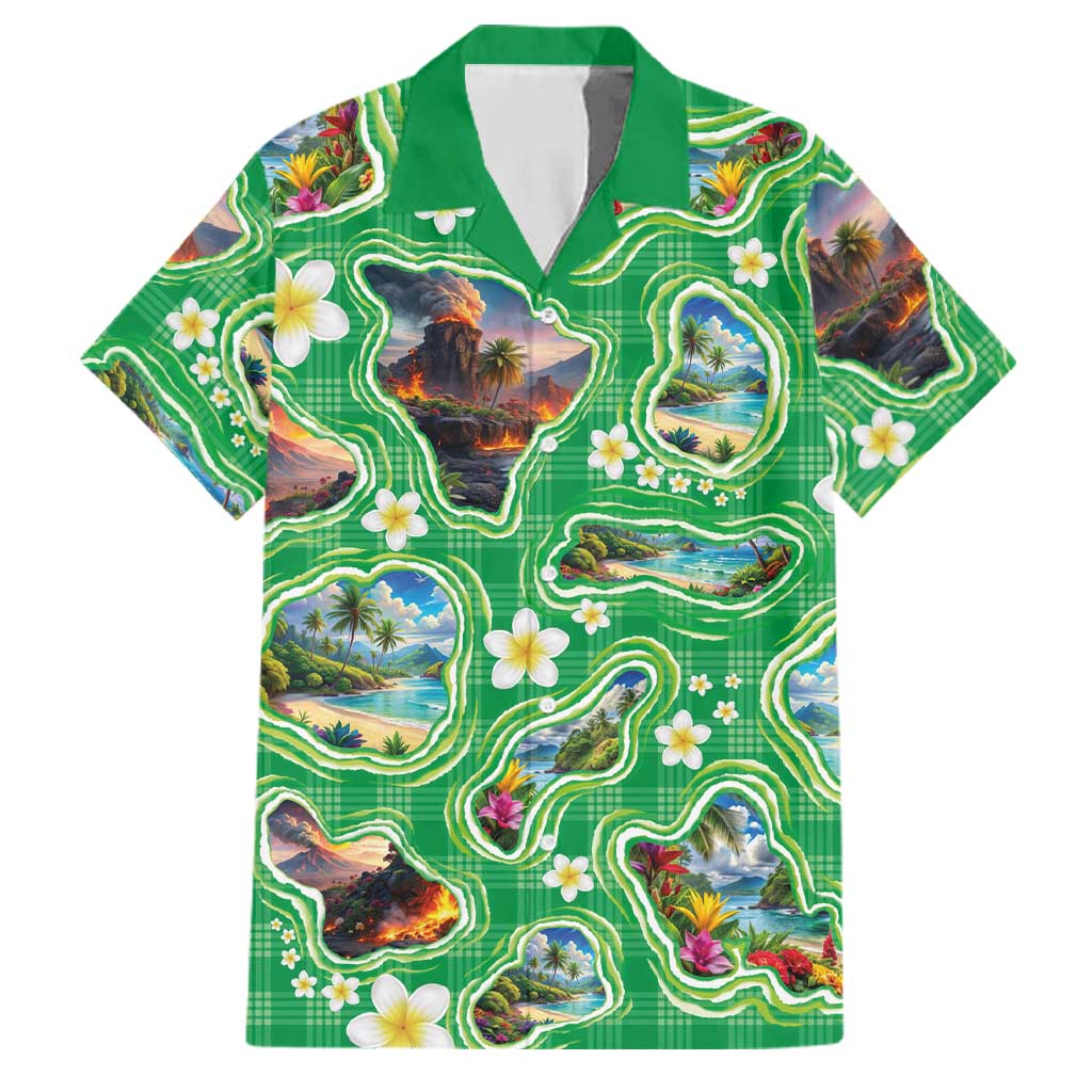 Hawaii Map with Plumeria Flower and Palaka Pattern Family Matching Off Shoulder Short Dress and Hawaiian Shirt Tropical Island Green Design LT03 Dad's Shirt - Short Sleeve Green - Polynesian Pride