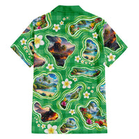 Hawaii Map with Plumeria Flower and Palaka Pattern Family Matching Off Shoulder Short Dress and Hawaiian Shirt Tropical Island Green Design LT03 - Polynesian Pride