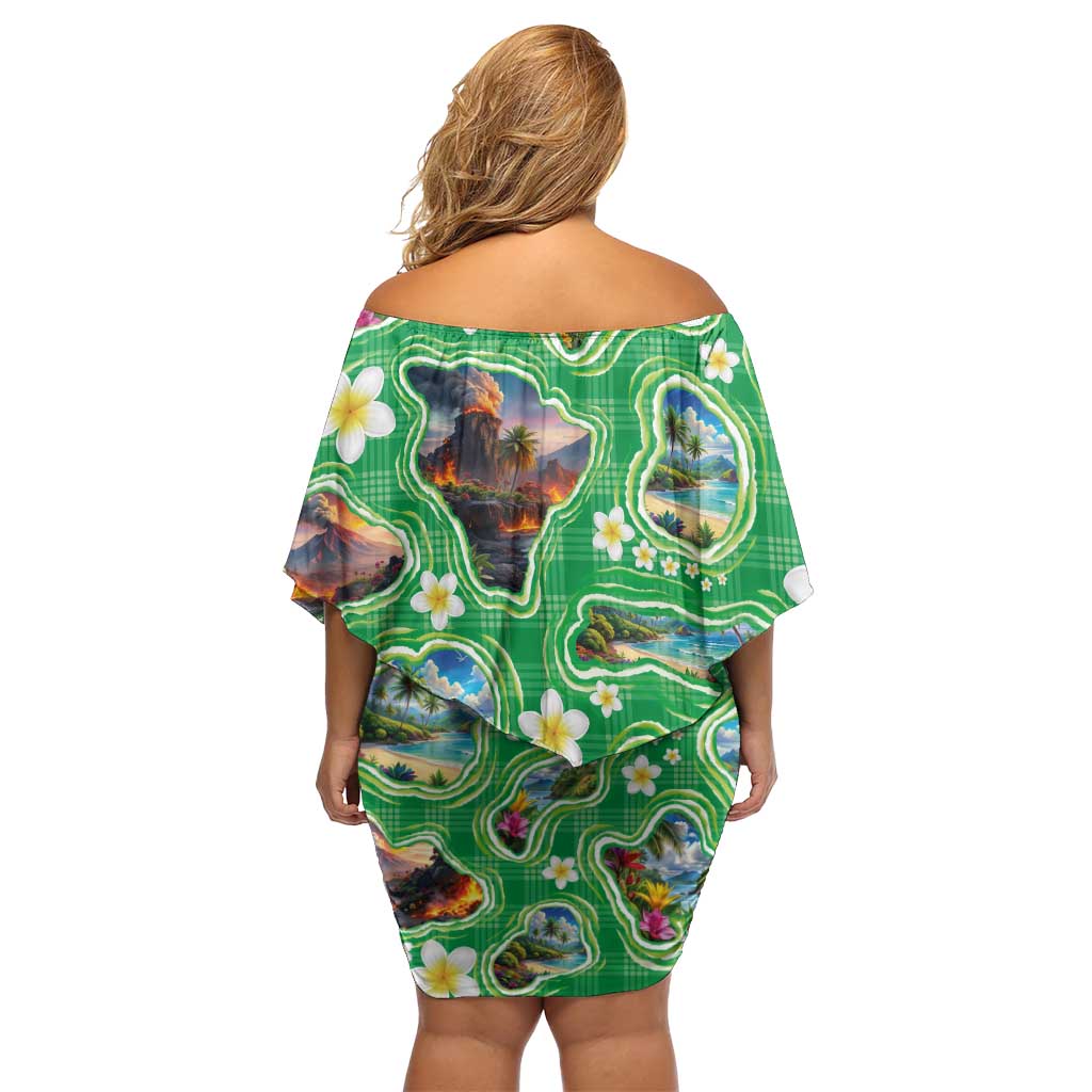 Hawaii Map with Plumeria Flower and Palaka Pattern Family Matching Off Shoulder Short Dress and Hawaiian Shirt Tropical Island Green Design LT03 - Polynesian Pride