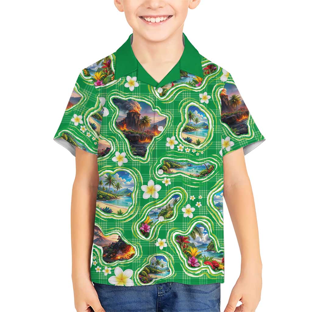 Hawaii Map with Plumeria Flower and Palaka Pattern Family Matching Off Shoulder Short Dress and Hawaiian Shirt Tropical Island Green Design LT03 Son's Shirt Green - Polynesian Pride