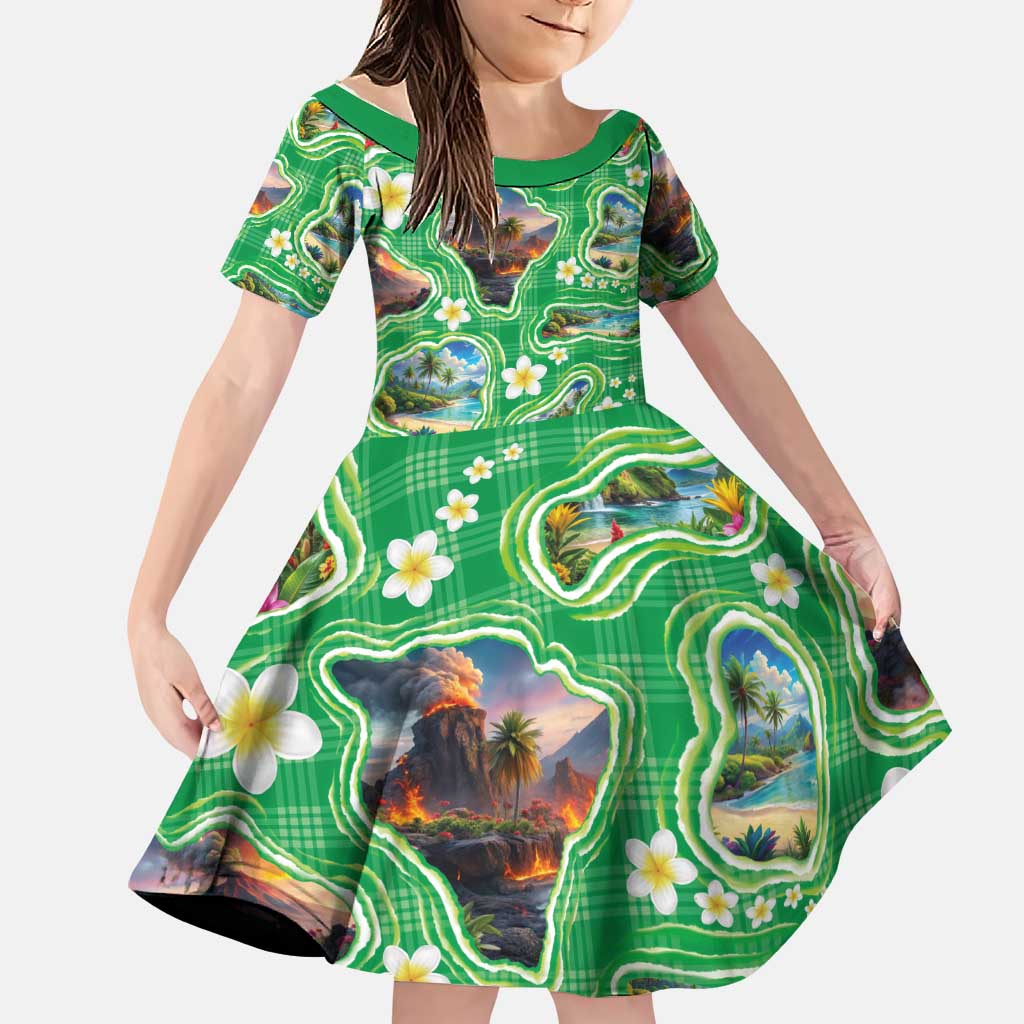 Hawaii Map with Plumeria Flower and Palaka Pattern Family Matching Short Sleeve Bodycon Dress and Hawaiian Shirt Tropical Island Green Design LT03 Daughter's Dress Green - Polynesian Pride