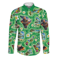 Hawaii Map with Plumeria Flower and Palaka Pattern Family Matching Short Sleeve Bodycon Dress and Hawaiian Shirt Tropical Island Green Design LT03 Dad's Shirt - Long Sleeve Green - Polynesian Pride