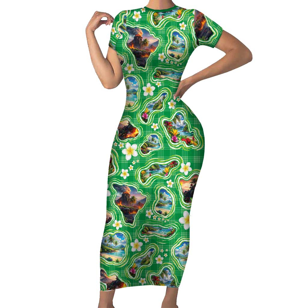 Hawaii Map with Plumeria Flower and Palaka Pattern Family Matching Short Sleeve Bodycon Dress and Hawaiian Shirt Tropical Island Green Design LT03 Mom's Dress Green - Polynesian Pride