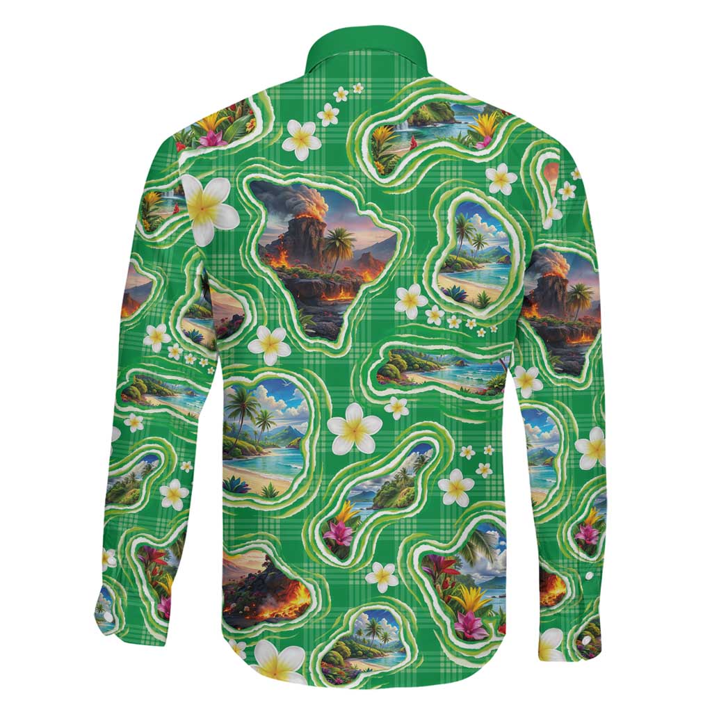 Hawaii Map with Plumeria Flower and Palaka Pattern Family Matching Summer Maxi Dress and Hawaiian Shirt Tropical Island Green Design LT03 - Polynesian Pride