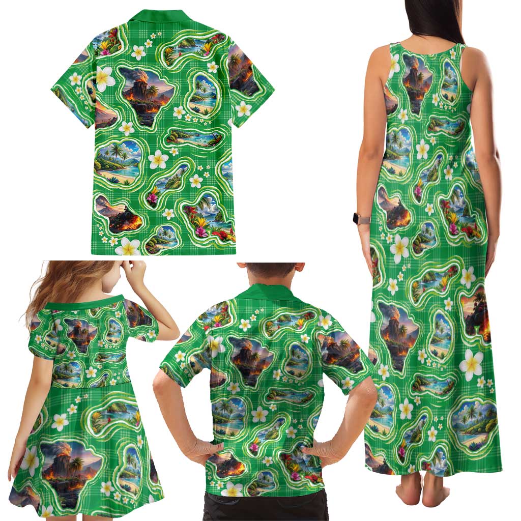 Hawaii Map with Plumeria Flower and Palaka Pattern Family Matching Tank Maxi Dress and Hawaiian Shirt Tropical Island Green Design LT03 - Polynesian Pride