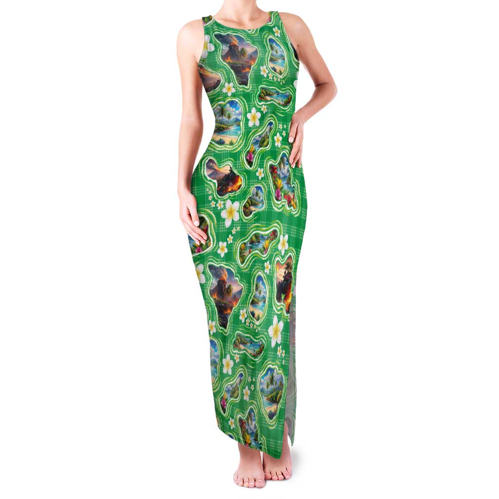 Hawaii Map with Plumeria Flower and Palaka Pattern Family Matching Tank Maxi Dress and Hawaiian Shirt Tropical Island Green Design LT03 Mom's Dress Green - Polynesian Pride