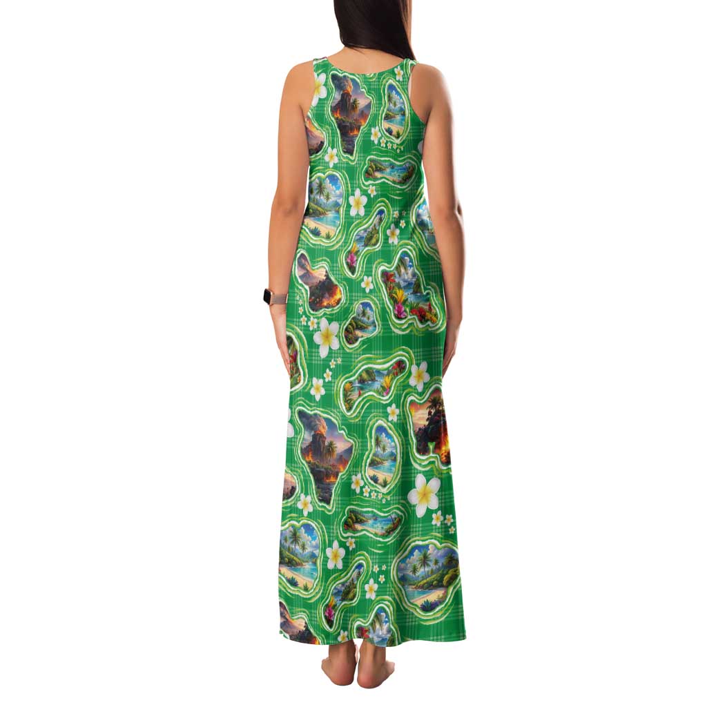 Hawaii Map with Plumeria Flower and Palaka Pattern Family Matching Tank Maxi Dress and Hawaiian Shirt Tropical Island Green Design LT03 - Polynesian Pride