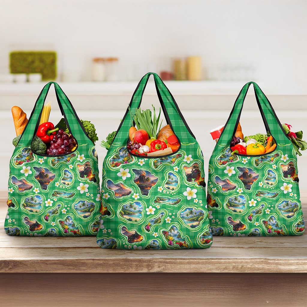 Hawaii Map with Plumeria Flower and Palaka Pattern Grocery Bag Tropical Island Green Design