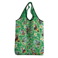 Hawaii Map with Plumeria Flower and Palaka Pattern Grocery Bag Tropical Island Green Design