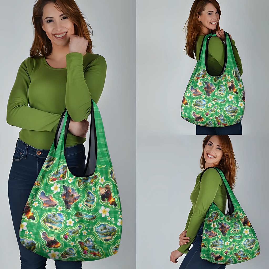 Hawaii Map with Plumeria Flower and Palaka Pattern Grocery Bag Tropical Island Green Design