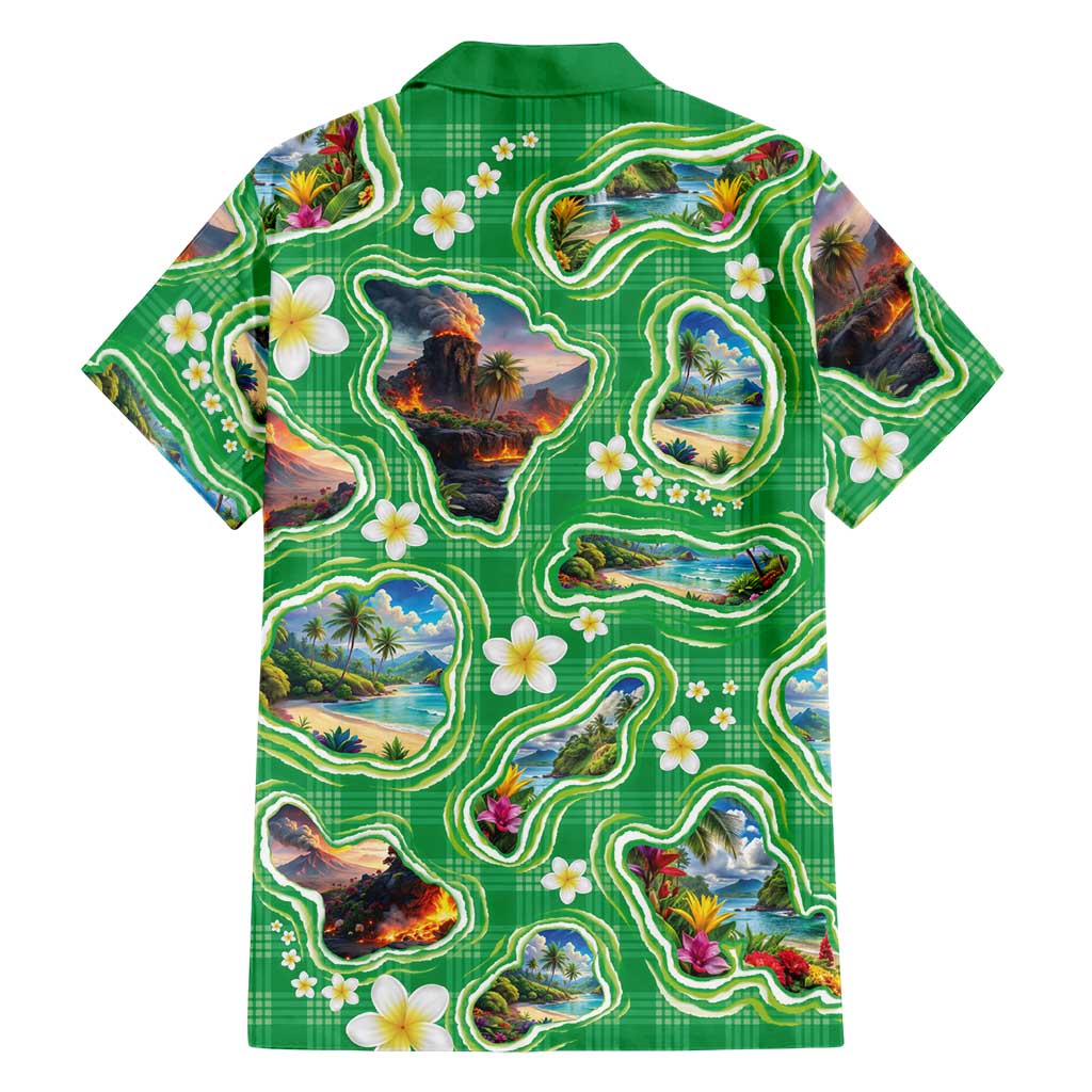 Hawaii Map with Plumeria Flower and Palaka Pattern Hawaiian Shirt Tropical Island Green Design