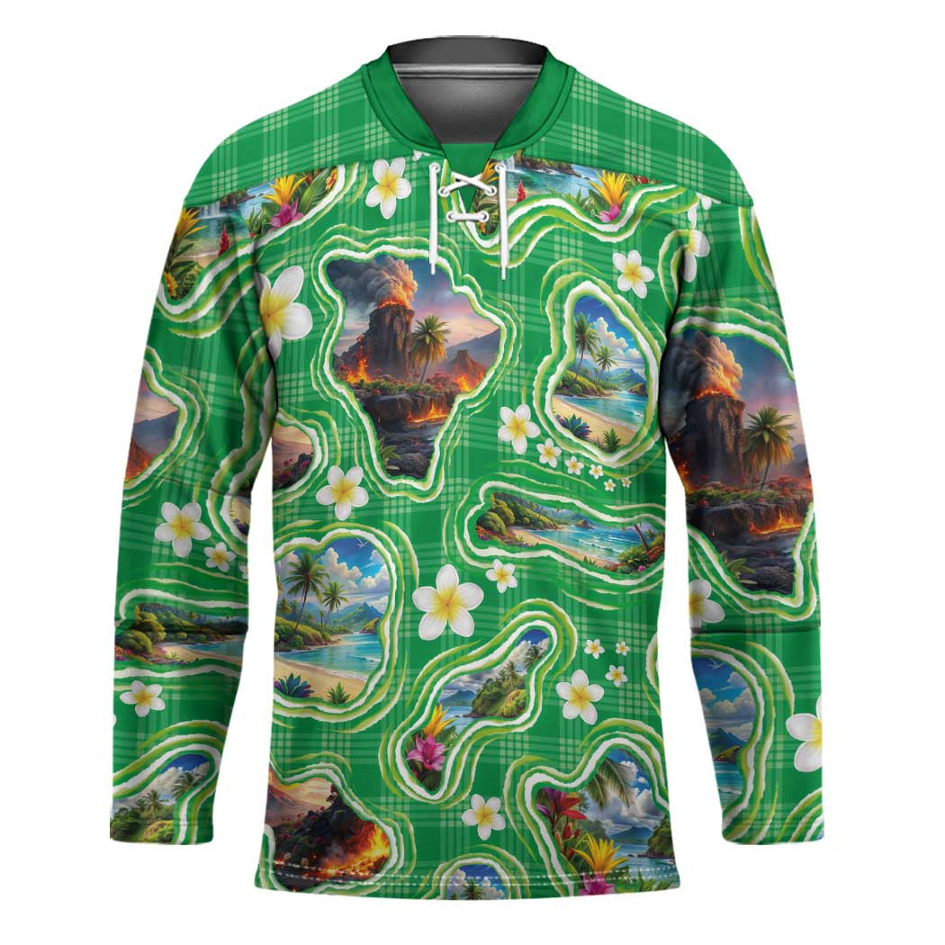 Hawaii Map with Plumeria Flower and Palaka Pattern Hockey Jersey Tropical Island Green Design
