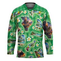 Hawaii Map with Plumeria Flower and Palaka Pattern Hockey Jersey Tropical Island Green Design