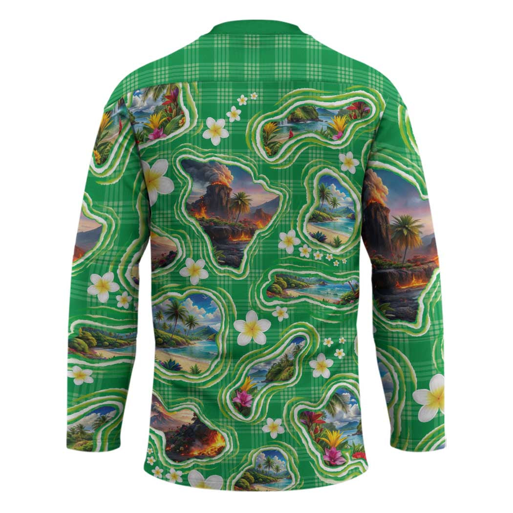 Hawaii Map with Plumeria Flower and Palaka Pattern Hockey Jersey Tropical Island Green Design