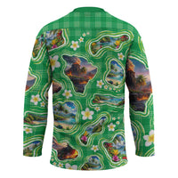 Hawaii Map with Plumeria Flower and Palaka Pattern Hockey Jersey Tropical Island Green Design