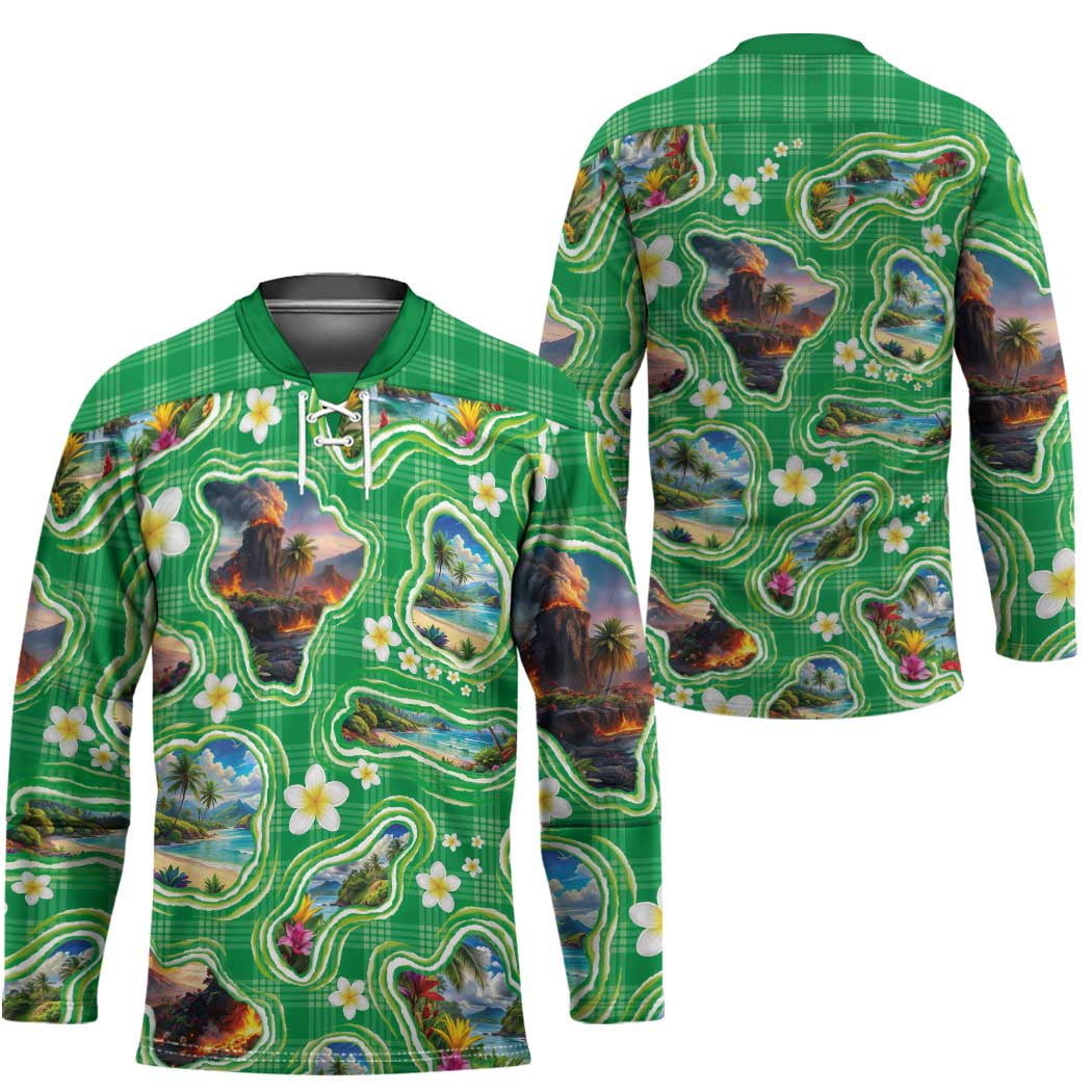 Hawaii Map with Plumeria Flower and Palaka Pattern Hockey Jersey Tropical Island Green Design