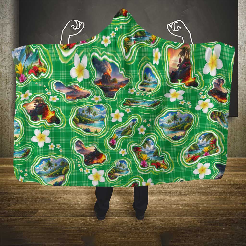 Hawaii Map with Plumeria Flower and Palaka Pattern Hooded Blanket Tropical Island Green Design