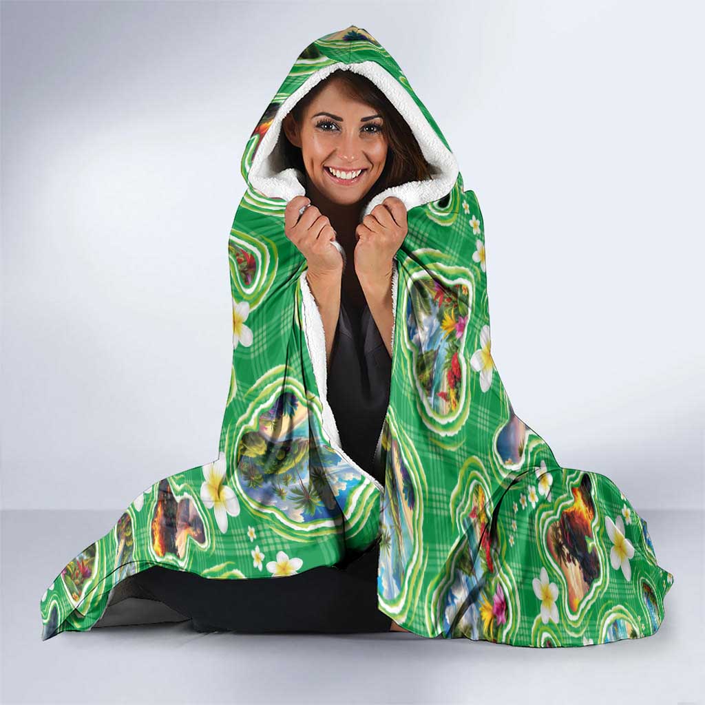 Hawaii Map with Plumeria Flower and Palaka Pattern Hooded Blanket Tropical Island Green Design