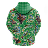 Hawaii Map with Plumeria Flower and Palaka Pattern Hoodie Tropical Island Green Design