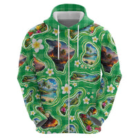 Hawaii Map with Plumeria Flower and Palaka Pattern Hoodie Tropical Island Green Design