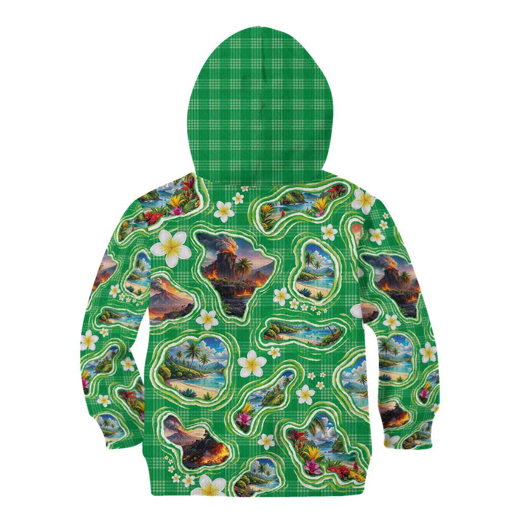 Hawaii Map with Plumeria Flower and Palaka Pattern Kid Hoodie Tropical Island Green Design