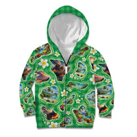 Hawaii Map with Plumeria Flower and Palaka Pattern Kid Hoodie Tropical Island Green Design