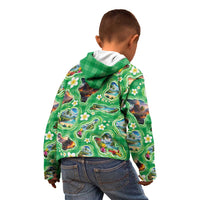 Hawaii Map with Plumeria Flower and Palaka Pattern Kid Hoodie Tropical Island Green Design