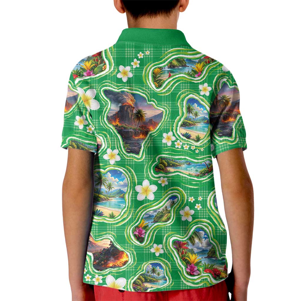 Hawaii Map with Plumeria Flower and Palaka Pattern Kid Polo Shirt Tropical Island Green Design