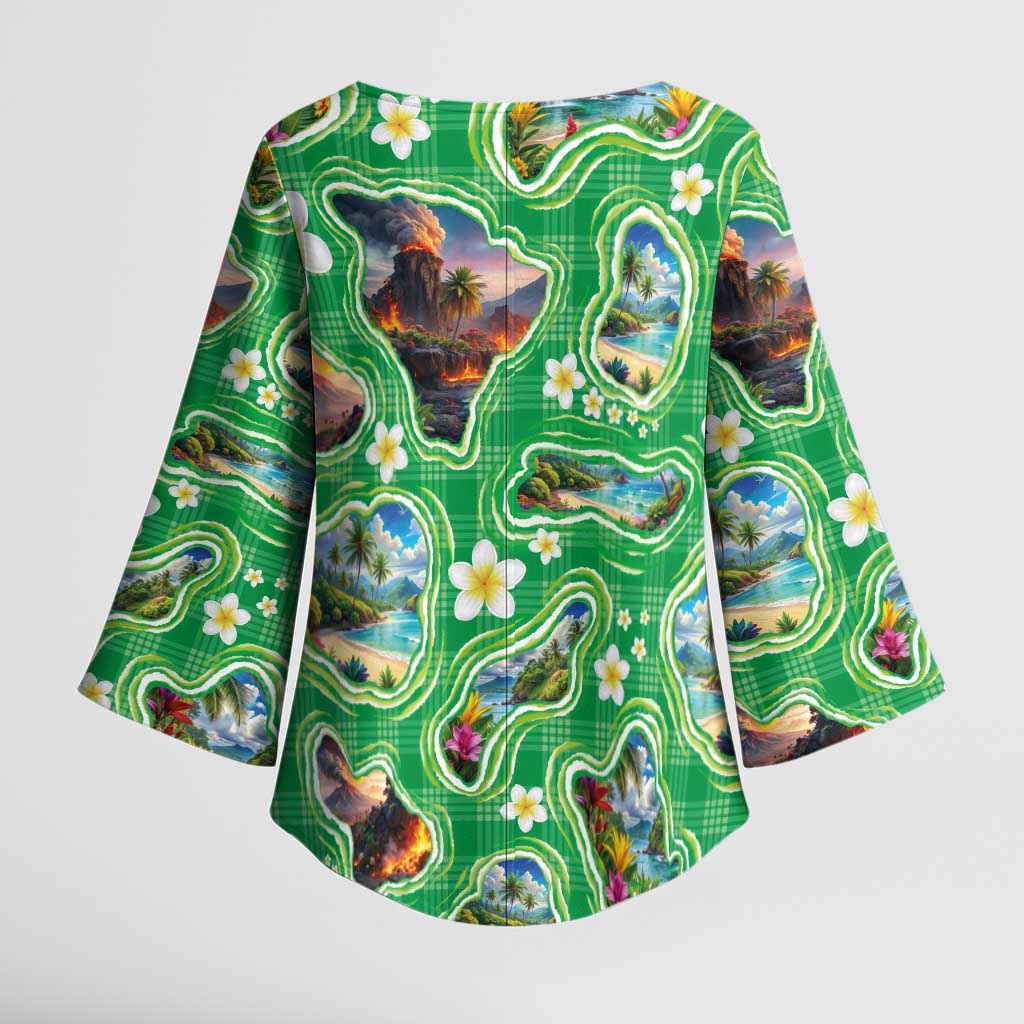 Hawaii Map with Plumeria Flower and Palaka Pattern Kimono Sleeve Blouse Tropical Island Green Design