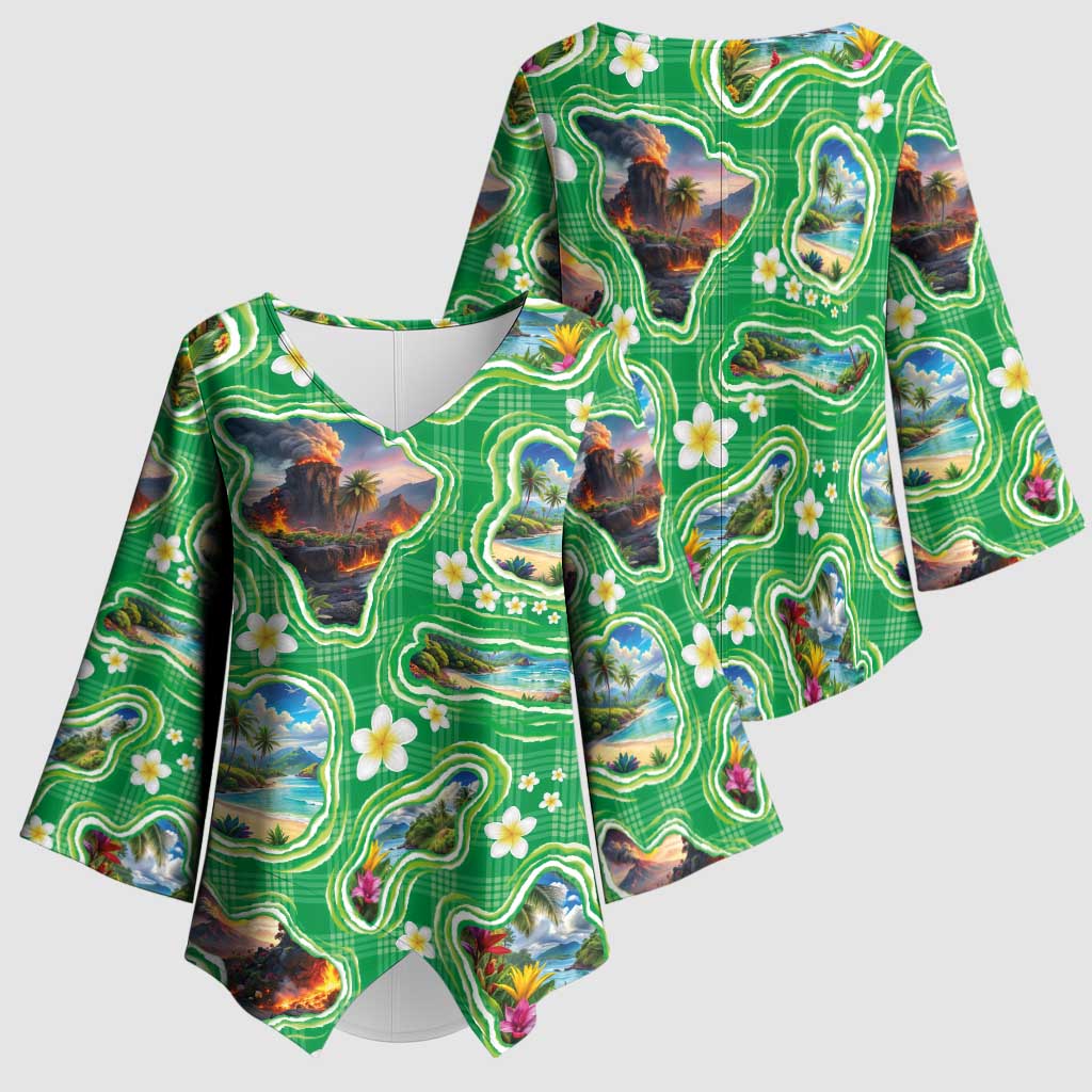 Hawaii Map with Plumeria Flower and Palaka Pattern Kimono Sleeve Blouse Tropical Island Green Design