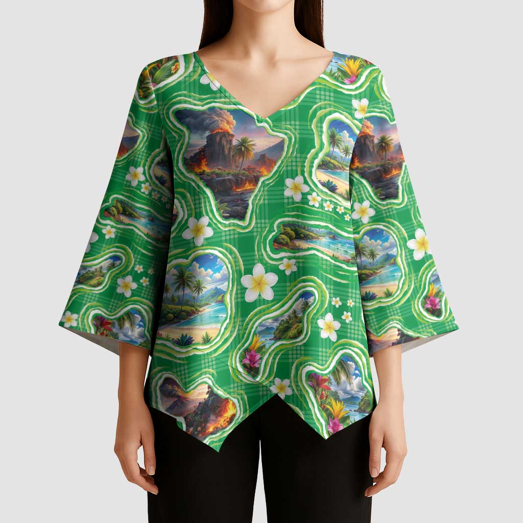 Hawaii Map with Plumeria Flower and Palaka Pattern Kimono Sleeve Blouse Tropical Island Green Design
