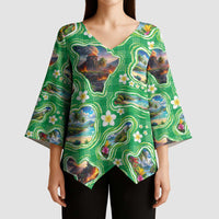 Hawaii Map with Plumeria Flower and Palaka Pattern Kimono Sleeve Blouse Tropical Island Green Design