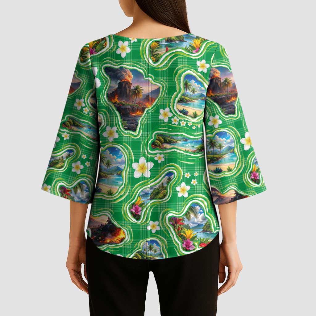 Hawaii Map with Plumeria Flower and Palaka Pattern Kimono Sleeve Blouse Tropical Island Green Design