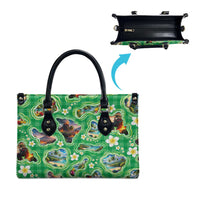 Hawaii Map with Plumeria Flower and Palaka Pattern Leather Bag Tropical Island Green Design