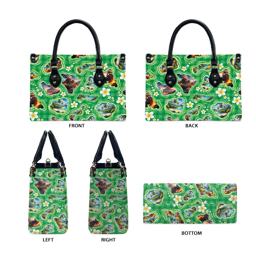 Hawaii Map with Plumeria Flower and Palaka Pattern Leather Bag Tropical Island Green Design