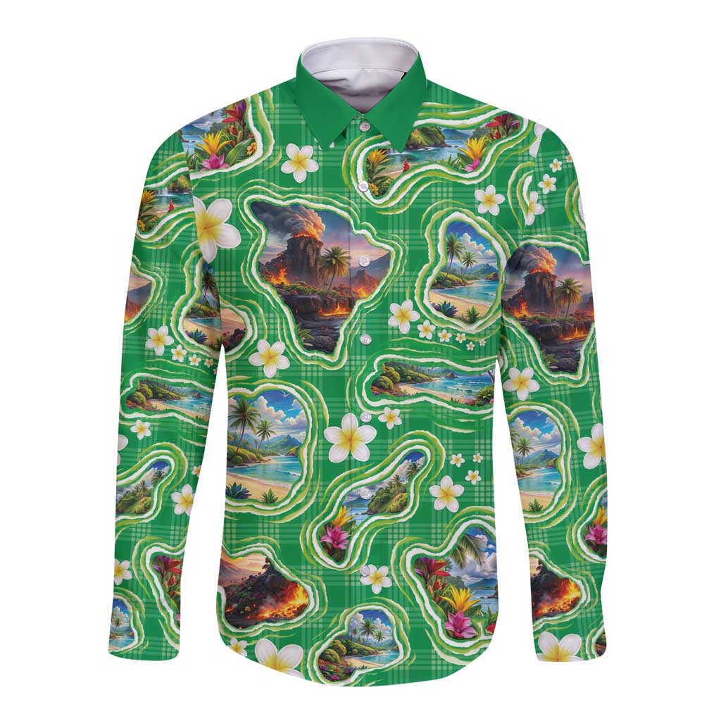 Hawaii Map with Plumeria Flower and Palaka Pattern Long Sleeve Button Shirt Tropical Island Green Design