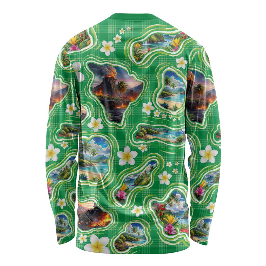 Hawaii Map with Plumeria Flower and Palaka Pattern Long Sleeve Shirt Tropical Island Green Design