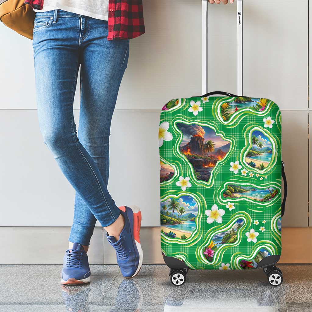 Hawaii Map with Plumeria Flower and Palaka Pattern Luggage Cover Tropical Island Green Design