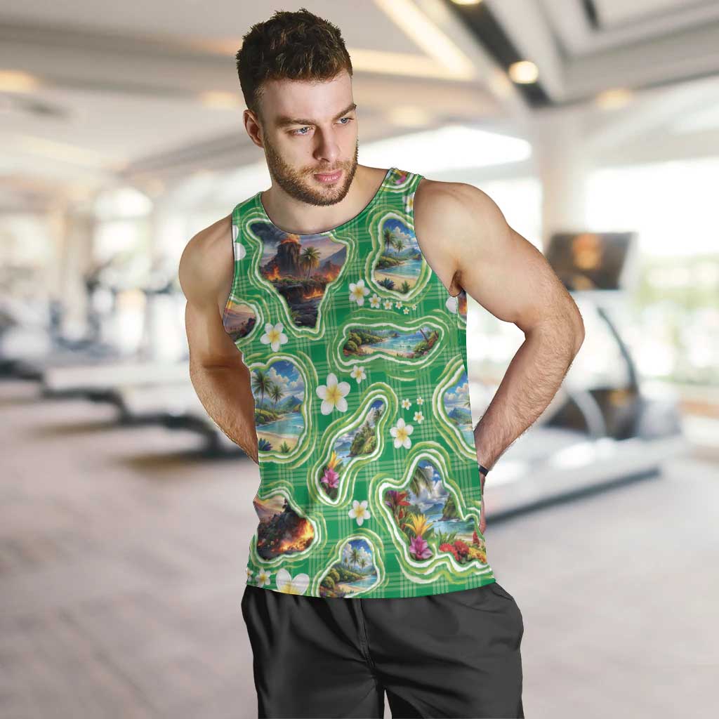 Hawaii Map with Plumeria Flower and Palaka Pattern Men Tank Top Tropical Island Green Design