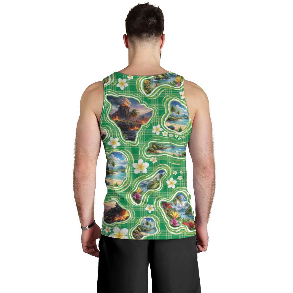 Hawaii Map with Plumeria Flower and Palaka Pattern Men Tank Top Tropical Island Green Design