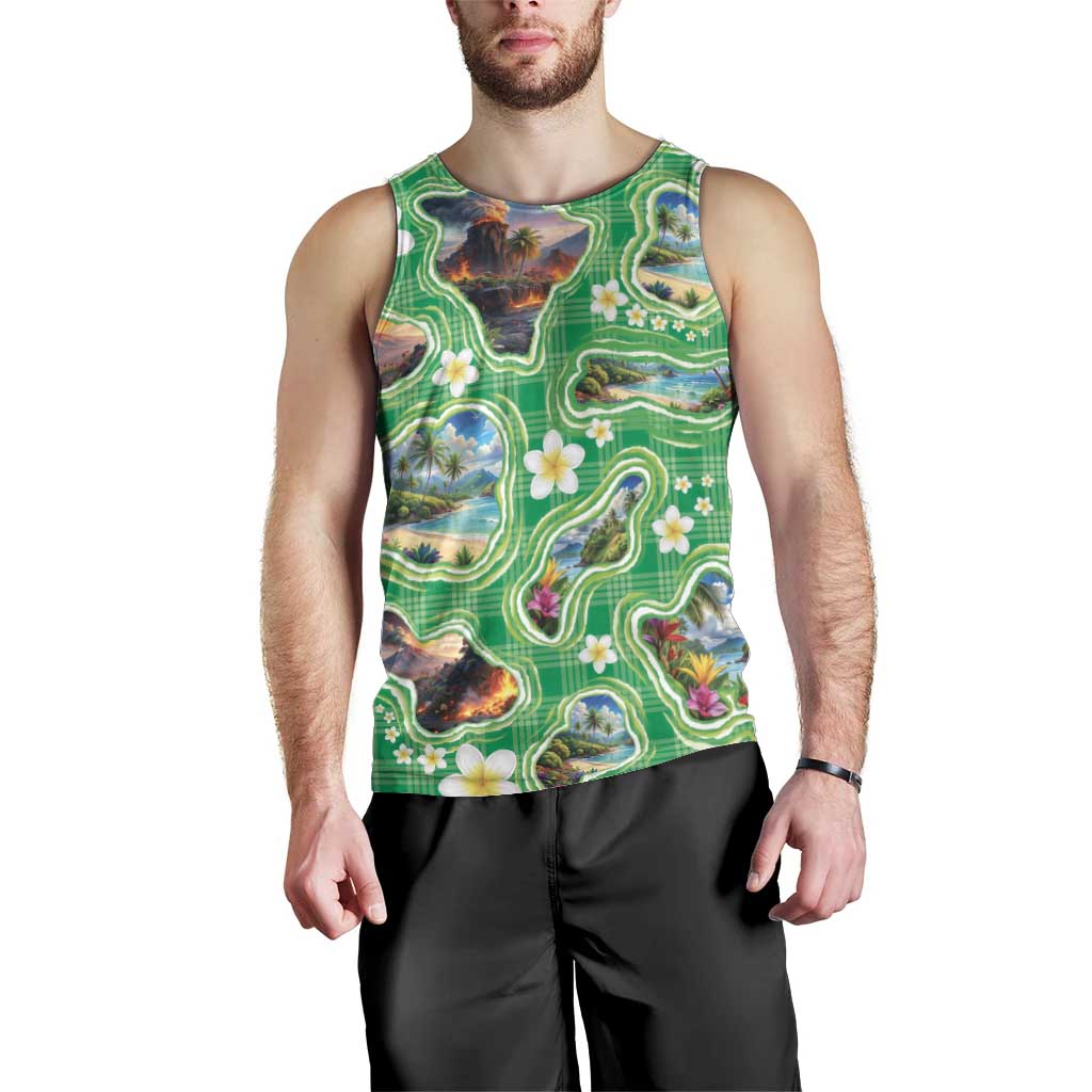 Hawaii Map with Plumeria Flower and Palaka Pattern Men Tank Top Tropical Island Green Design