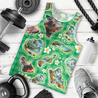 Hawaii Map with Plumeria Flower and Palaka Pattern Men Tank Top Tropical Island Green Design