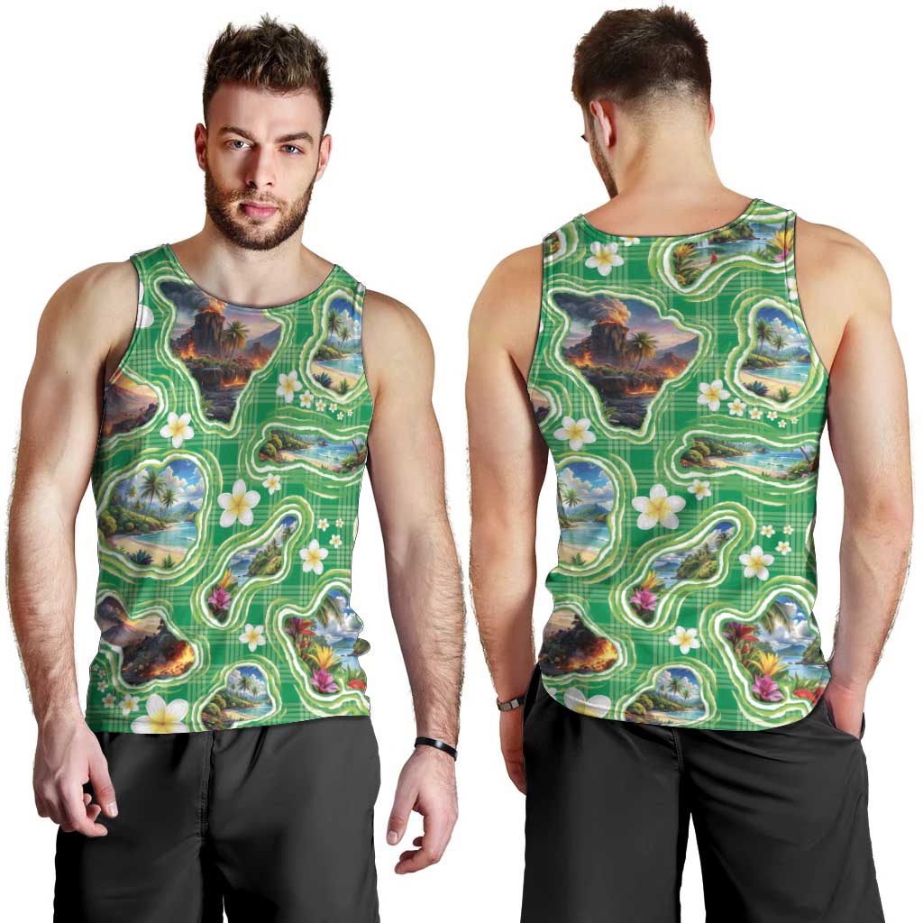 Hawaii Map with Plumeria Flower and Palaka Pattern Men Tank Top Tropical Island Green Design