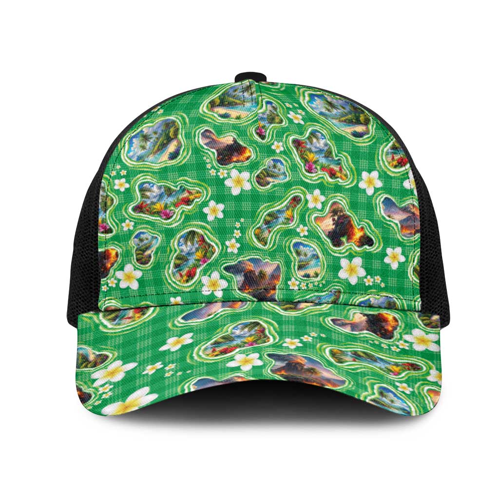 Hawaii Map with Plumeria Flower and Palaka Pattern Mesh Trucker Cap Tropical Island Green Design